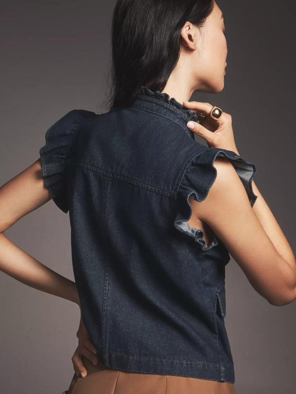 Anthropologie Dolan Ruffled Denim Utility Vest - Picture 2 of 7